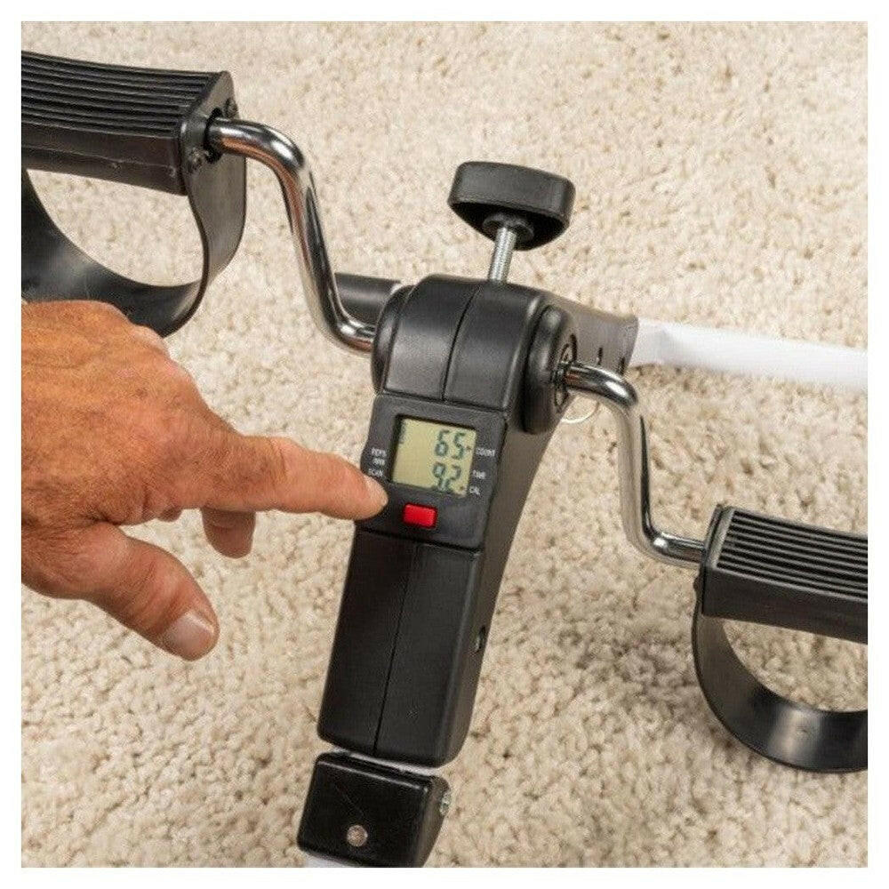 LCD-display Tunturi fietstrainer toont RPM en tijd met rode knop