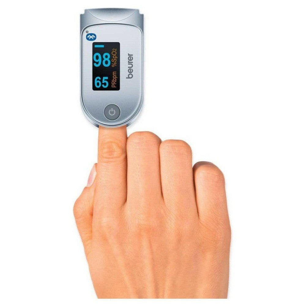 Beurer vingertip saturatiemeter in gebruik voor hartslag en zuurstofmeting