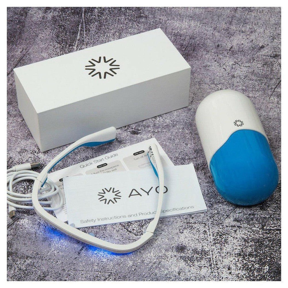 Inhoud verpakking AYO lichttherapiebril inclusief case, USB-kabel en handleiding