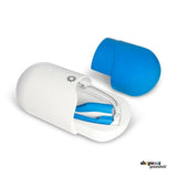 Eivormige opbergcase voor AYO lichttherapiebril met blauwe dop en ingepakte bril