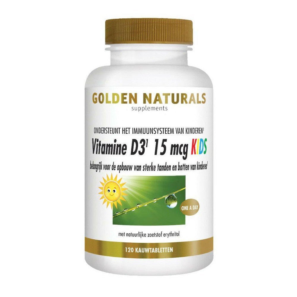 Golden Naturals Vitamine D3 15 mcg Kids kauwtabletten aardbeiensmaak 120 stuks fles