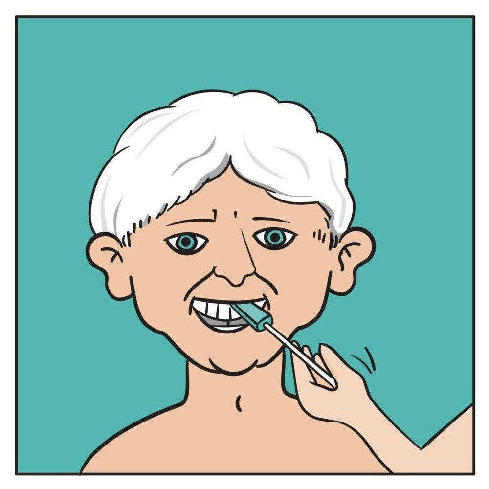 Illustratie van persoon die Dentaswabs gebruikt voor mondverzorging