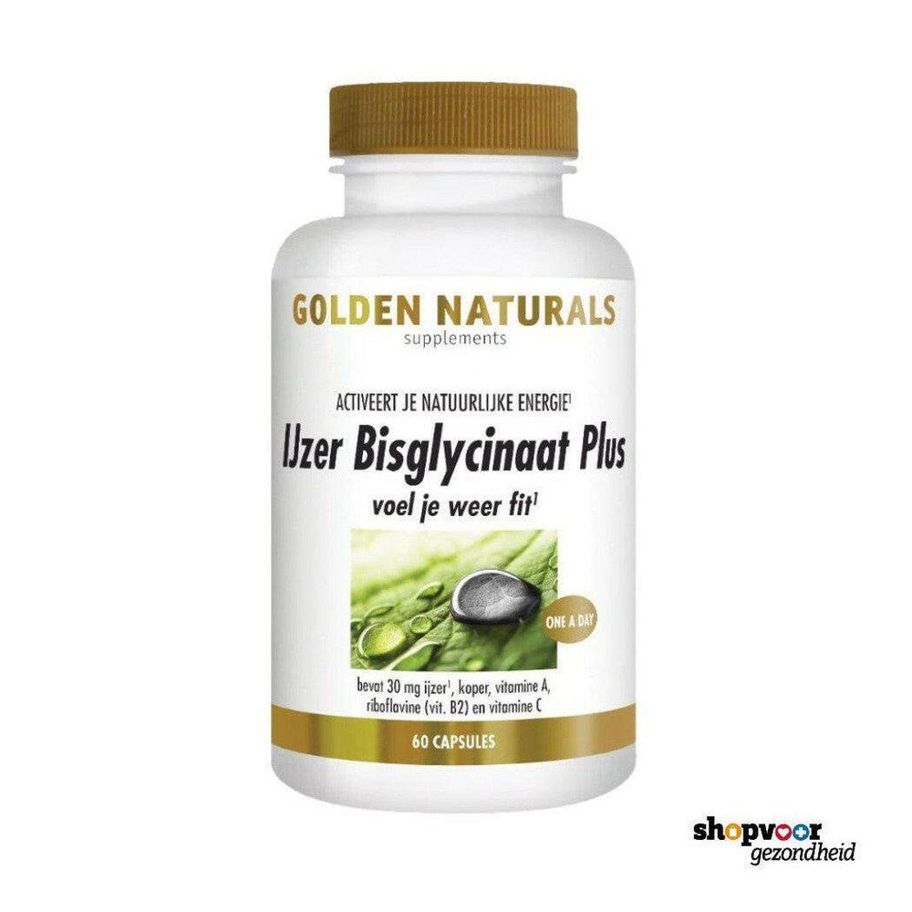 Golden Naturals IJzer Bisglycinaat Plus fles met 60 vegan capsules en gouden dop