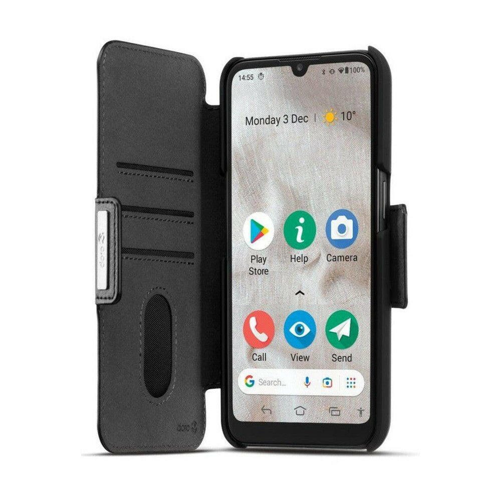 Zwarte Doro wallet case voor Doro 8100 open met telefoon en kaartvakjes