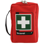 Rode TravelSafe EHBO-tas Globe Tour met wit kruis en draagriem