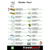 Inhoudslijst TravelSafe EHBO-kit Globe Tour met pleisters, verband en nooddeken
