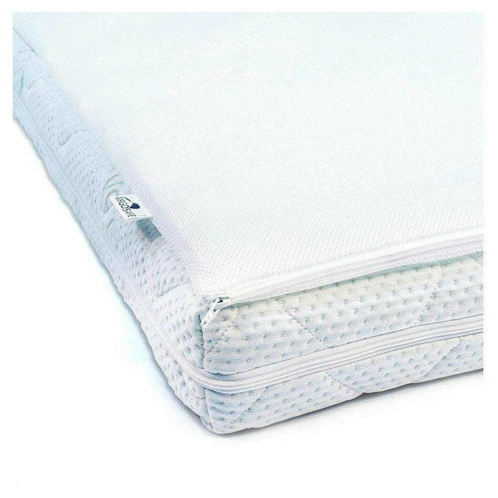 Witte matrastopper met rits en Airgosafe label aan hoek