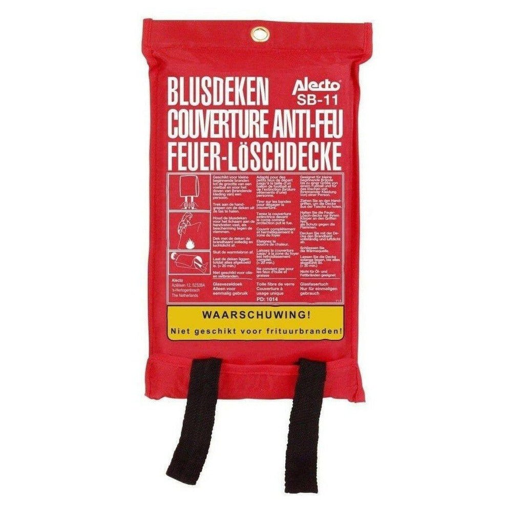 Rode verpakking Alecto SB-11 blusdeken met instructies en waarschuwing frituurbranden