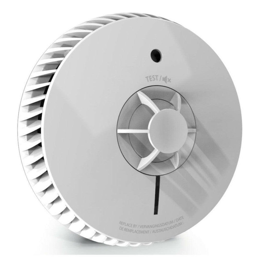 AngelEye hittemelder zijprofiel met ventilatiegaten en testknop