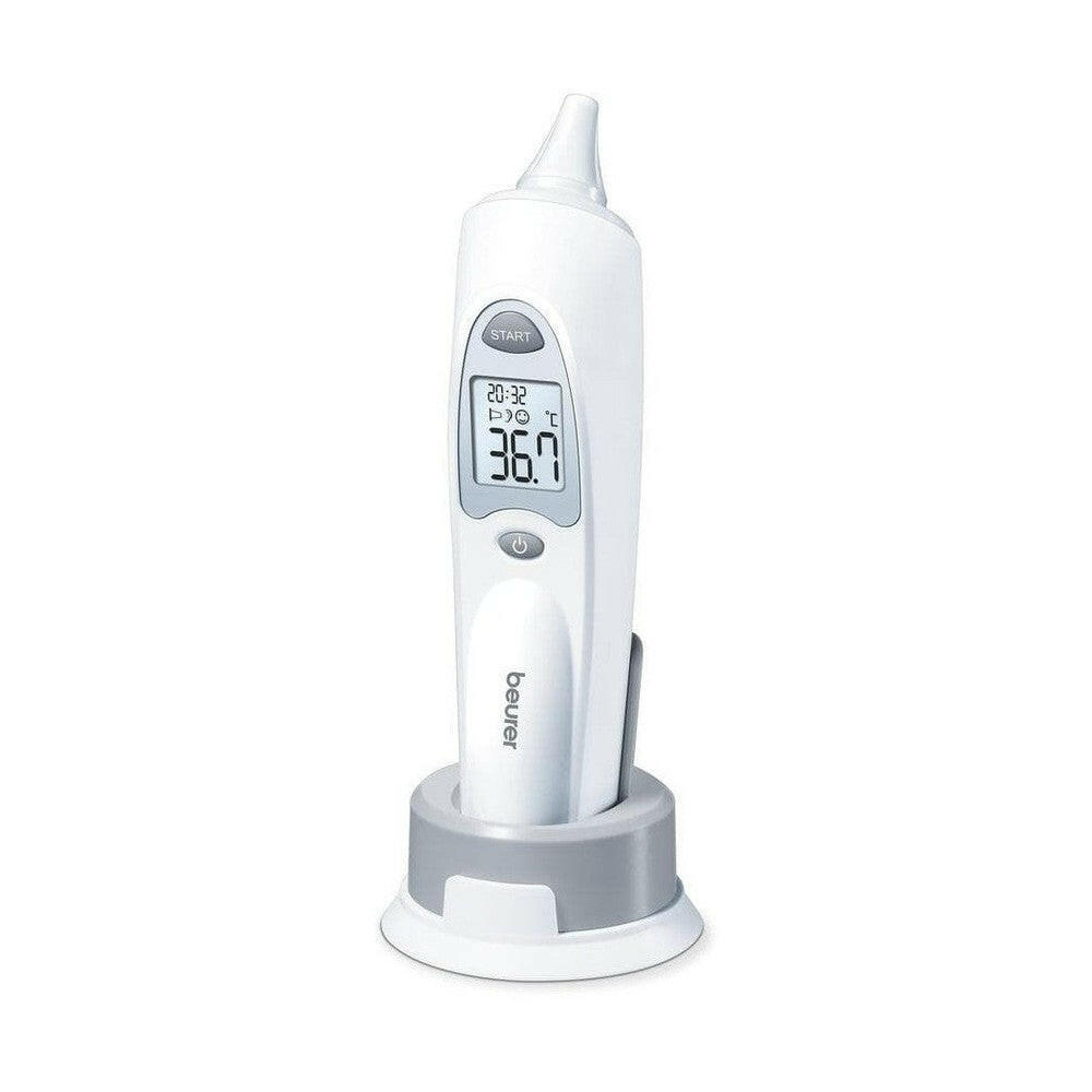 Beurer FT 58 oorthermometer in oplaadstandaard met temperatuurmeting en geheugenfunctie