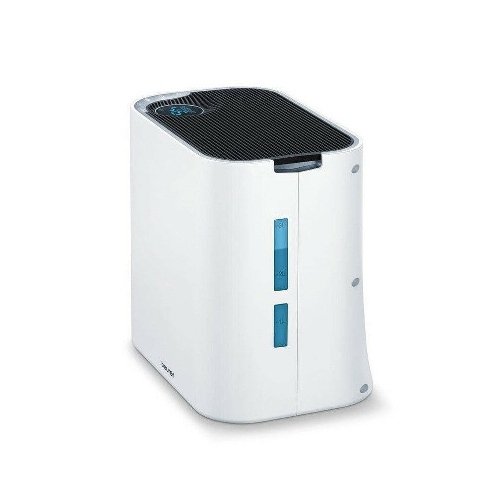 Beurer LR330 zijkant met blauwe waterpeilindicatoren van 1 tot 3 liter reservoir
