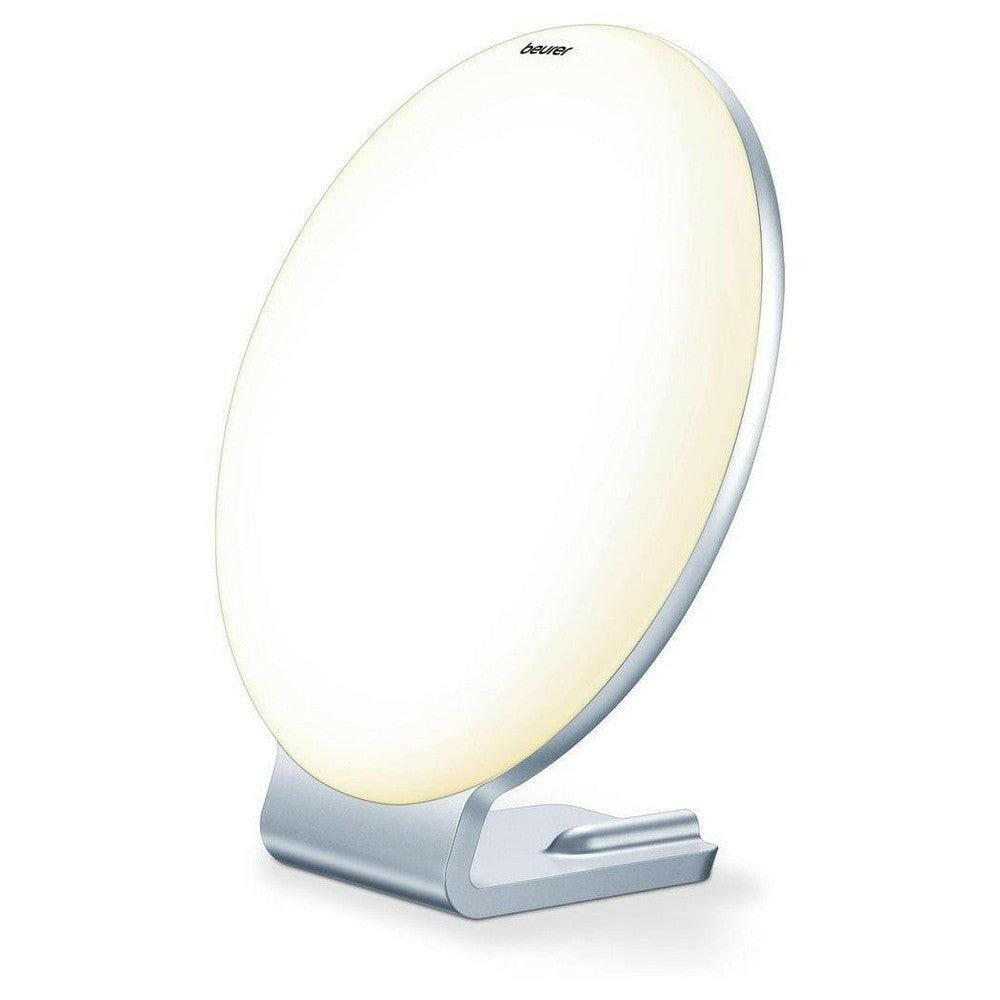 Beurer TL50 daglichtlamp zilver ingeschakeld met warmwit licht en logo