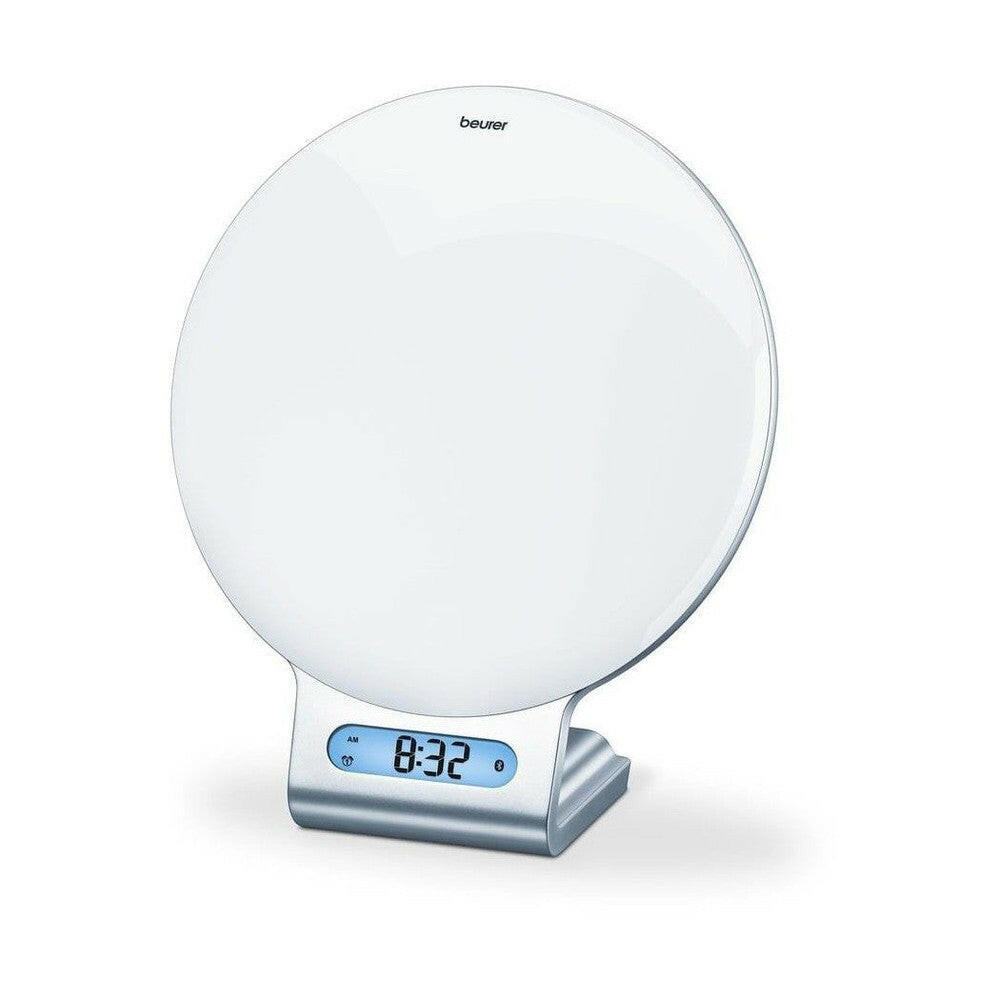Beurer WL75 witte wake-up light met zilveren voet en blauw digitaal scherm