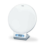 Beurer WL75 witte wake-up light met zilveren voet en blauw digitaal scherm
