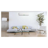 Witte Boneco F100 ventilator op glazen salontafel interieur