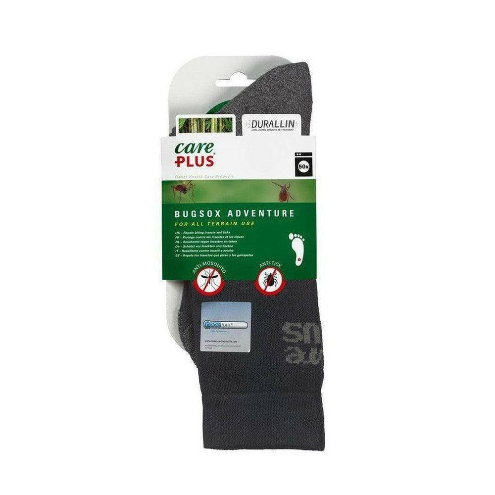 Zwarte anti-insectensokken Care Plus Bugsox Adventure in verpakking met COOLMAX en bamboe
