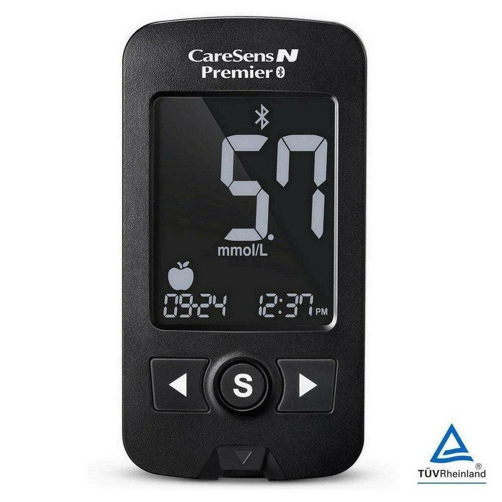 Zwarte CareSens N Premier bloedsuikermeter met TÜV Rheinland keurmerk en LCD-display