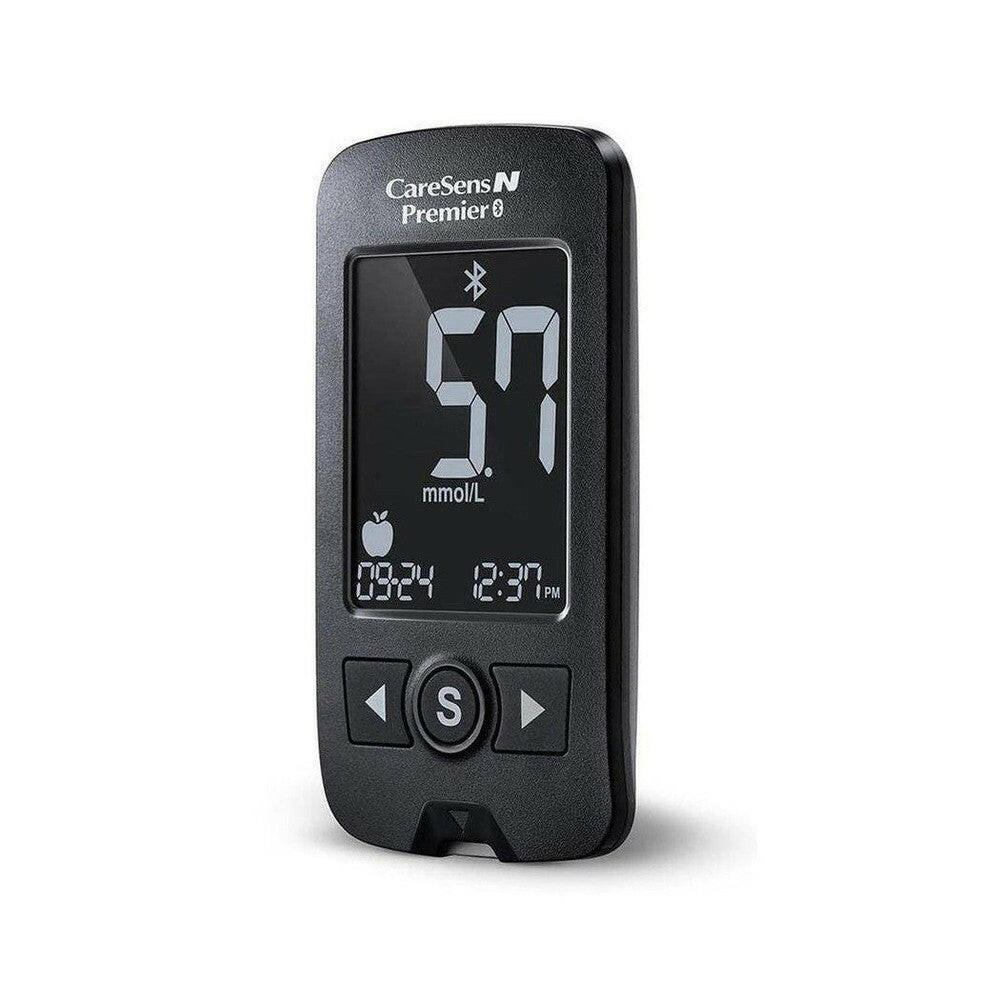 CareSens N Premier glucosemeter close-up met strip-invoeropening en bedieningsknoppen