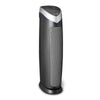 Zwarte Clean Air Optima CA-508 luchtreiniger met zilveren top en ronde voet