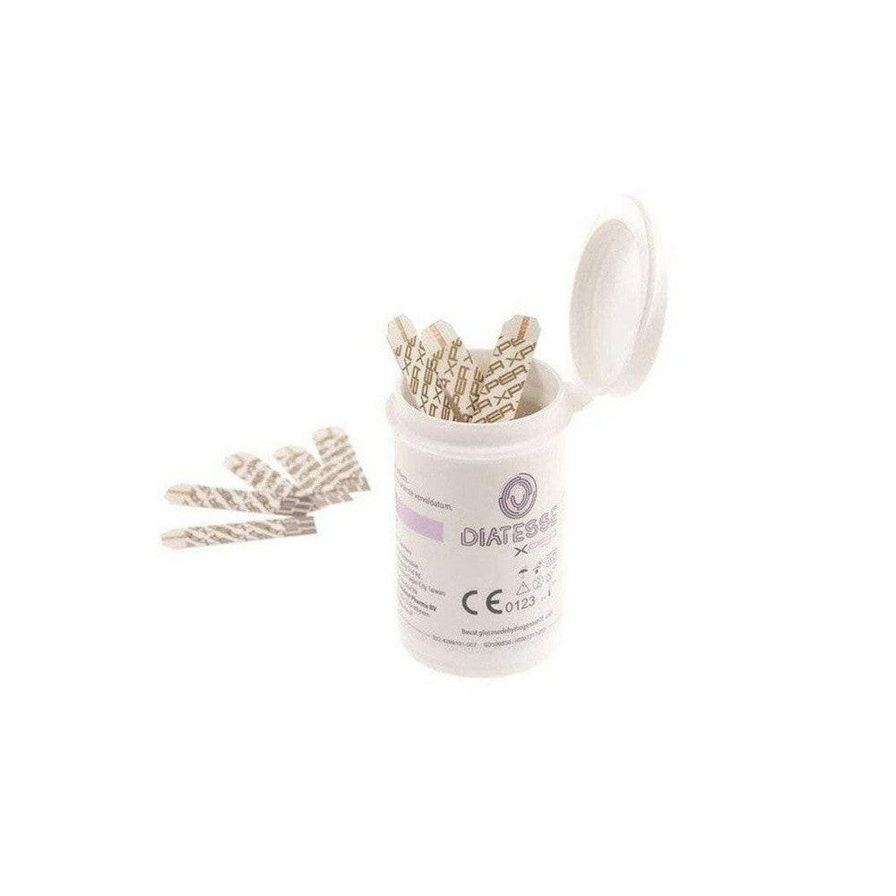 Diatesse XPER glucose teststrips in witte pot met CE-keurmerk en contactpunten