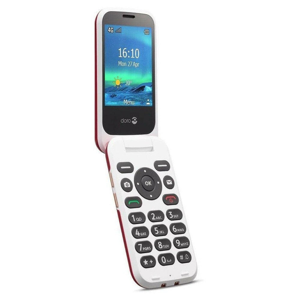 Witte Doro 6880 klaptelefoon met rode accenten, open met groot toetsenbord