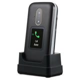 Zwarte Doro 6880 klaptelefoon in houder met leerlook en extern contactscherm