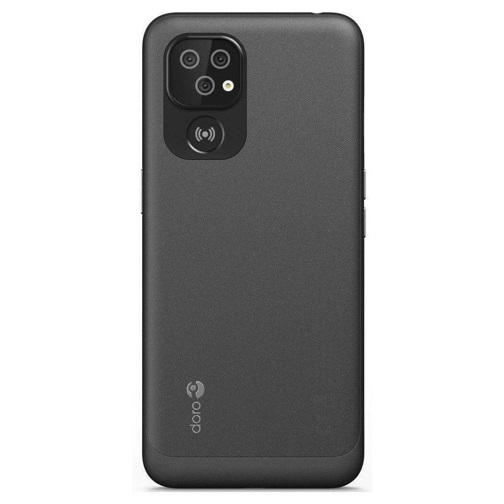 Achterkant Doro 8100 smartphone zwart met drie-camera module en draadloos opladen