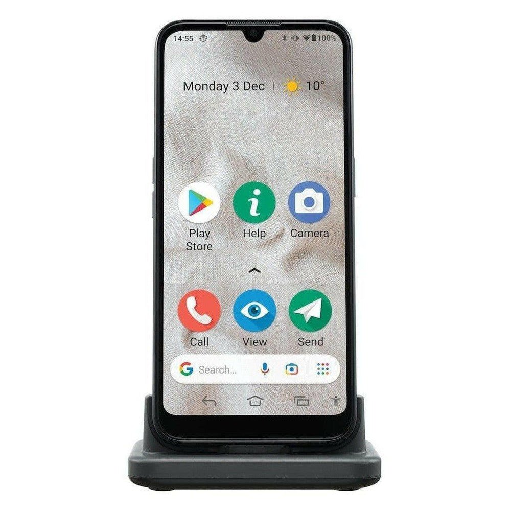 Doro 8100 smartphone zwart in verticale stand met duidelijke grote iconen voor ouderen
