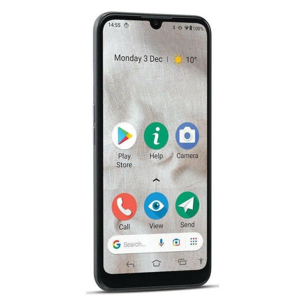 Doro 8100 senioren smartphone zwart schuine hoek met helder Android-scherm