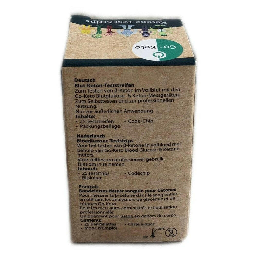 Go-Keto ketonen teststrips verpakking met 25 strips en codechip