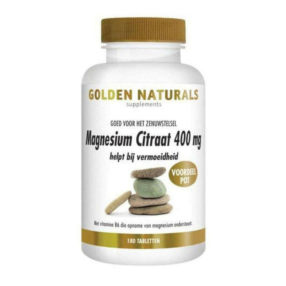 Golden Naturals Magnesium Citraat 400 mg supplement in witte fles met gouden dop, 180 vegan tabletten tegen vermoeidheid