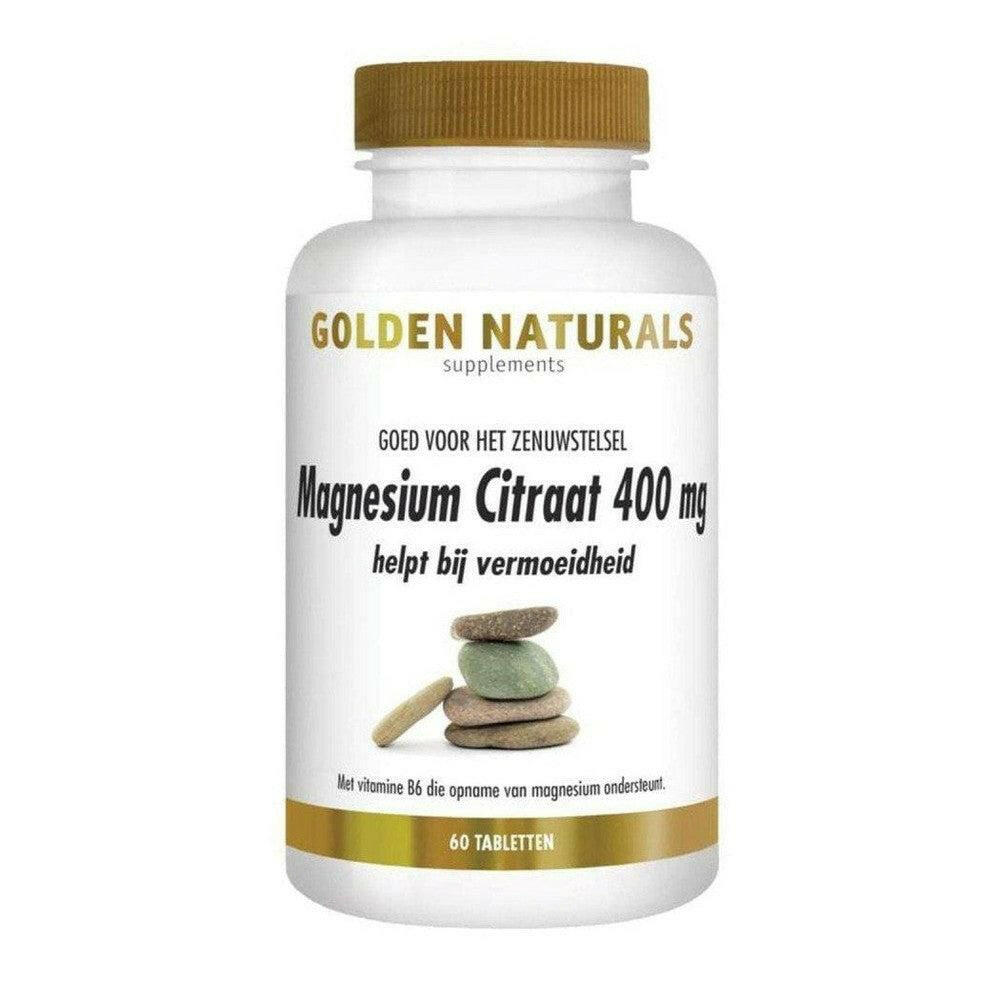 Golden Naturals Magnesium Citraat 400 mg supplement met vitamine B6 in witte fles met gouden dop, 60 tabletten tegen vermoeidheid