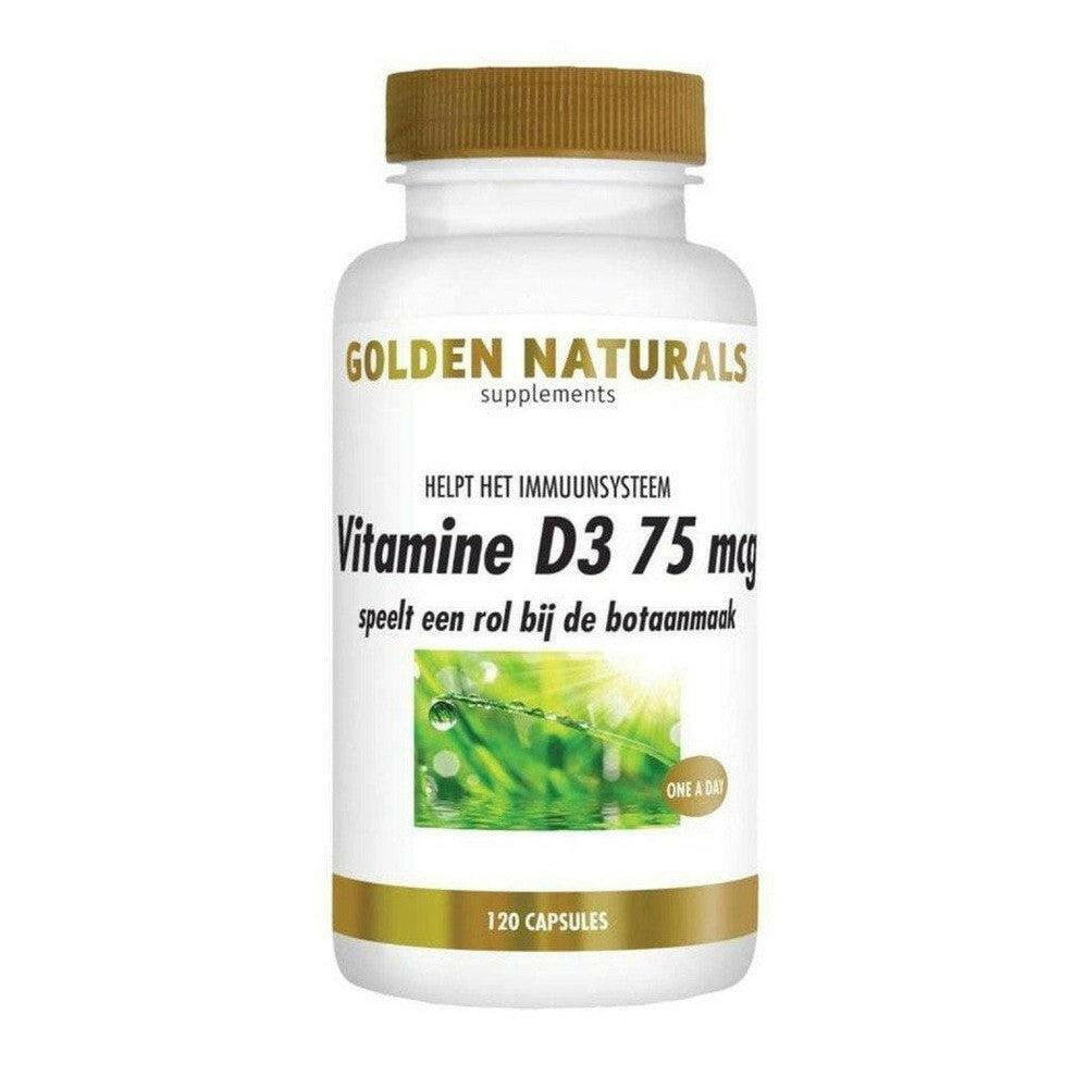 Golden Naturals Vitamine D3 75 mcg softgel capsules in witte fles met gouden dop, 120 stuks voor immuunsysteem en botten