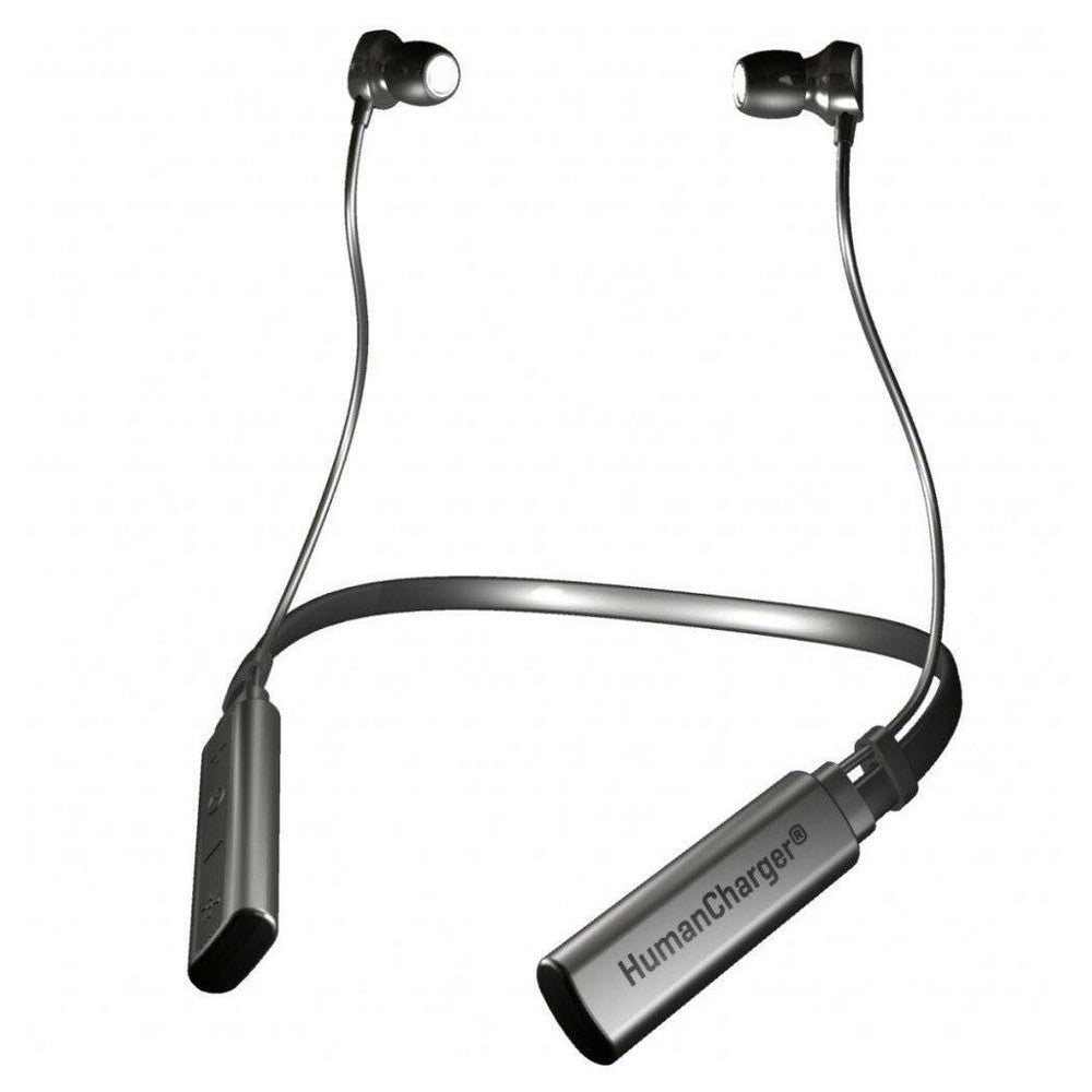 Flexibele zwarte HumanCharger lichttherapie nekband met logo en knoppen