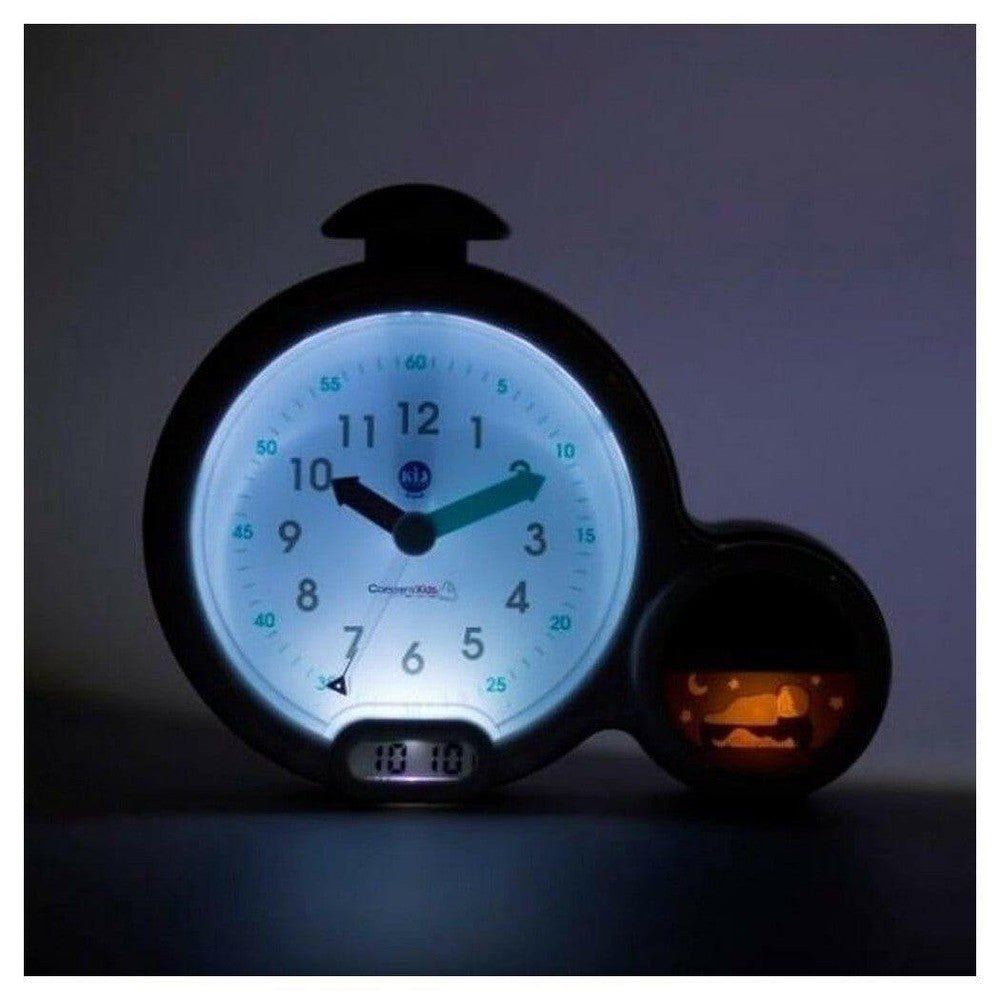 Zwarte Kid'Sleep kinderwekker met blauw-wit gloeiend display en nachtlampje