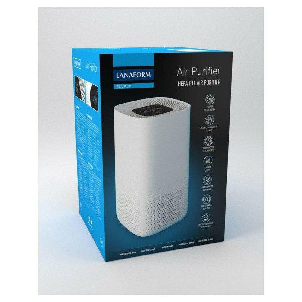 Doos Lanaform Air Purifier HEPA E11 met timer en nachtmodus pictogrammen