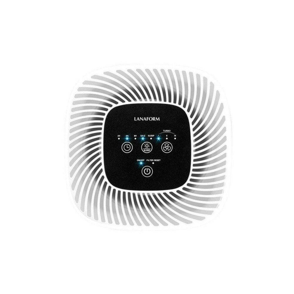 Zwart bedieningspaneel Lanaform luchtreiniger met UV-C, sleep en turbo knoppen