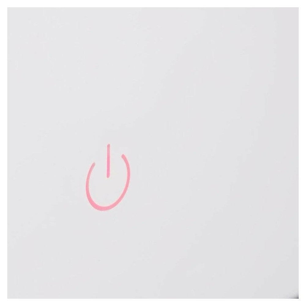 Touchscreen power-symbool roze verlicht op matte witte oppervlakte
