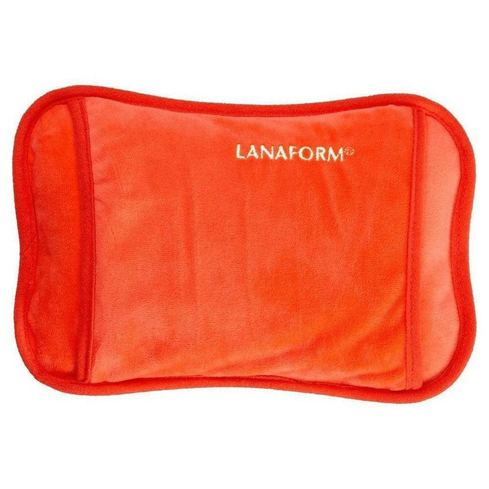 Oranje Lanaform warmtekussen van bovenaf met gestikt logo