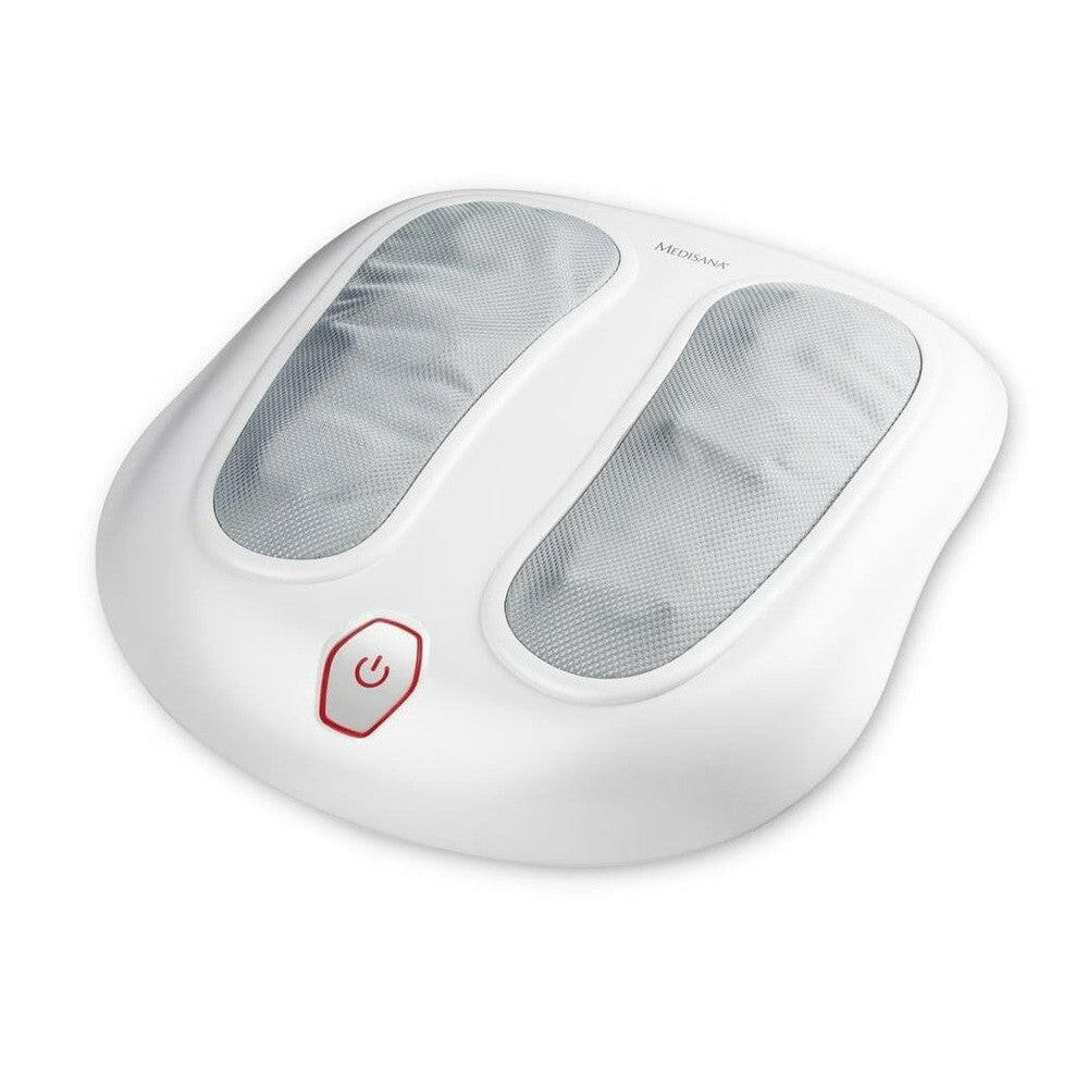 Wit Medisana voetmassage-apparaat met mesh-voetkompartimenten en rode aan/uit-knop