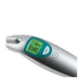 Close-up Medisana voorhoofdthermometer met groen display en bedieningsknoppen