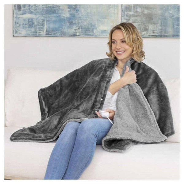 Medisana HB 677 grijze fleece warmtedeken 3-in-1 gedragen als cape met bedieningsunit
