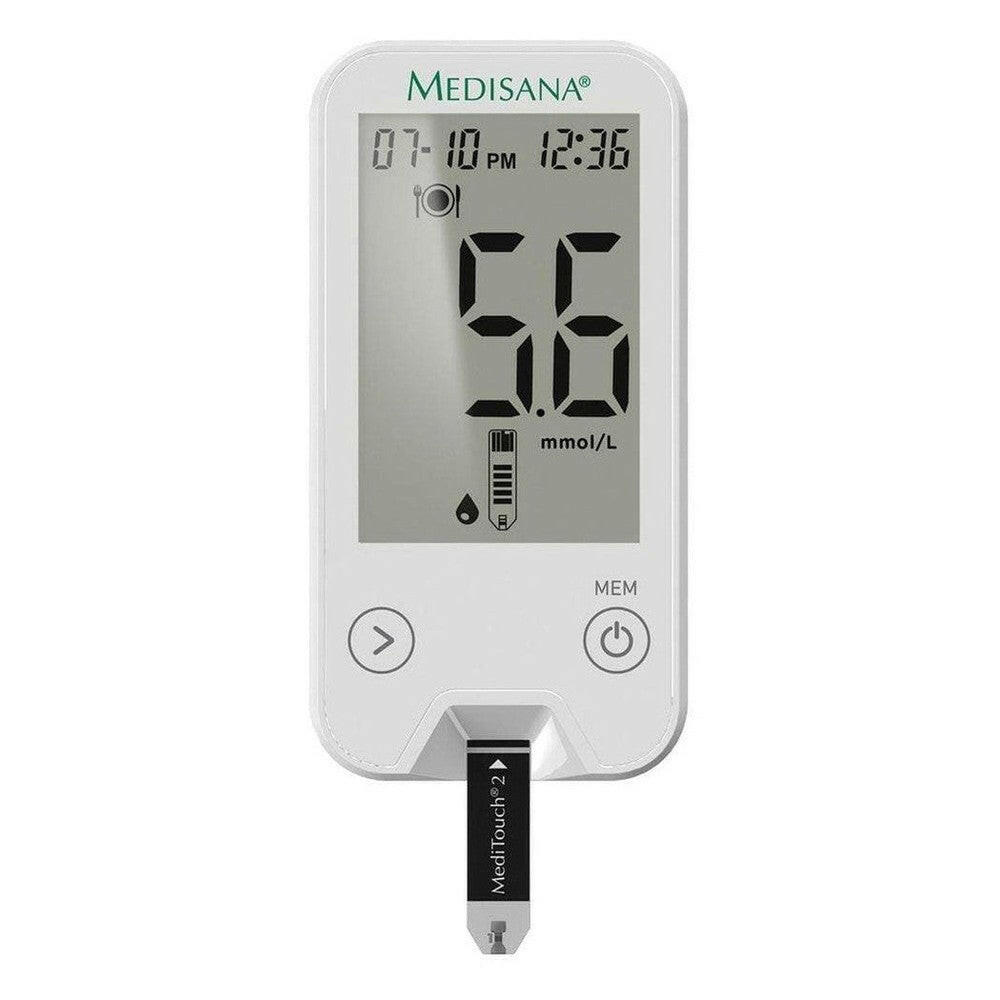 Medisana MediTouch 2 meter met maaltijdmarkering en teststrip in display