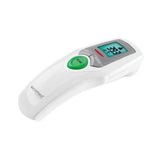 Medisana TM 65E Ecomed witte contactloze voorhoofdthermometer met groene SCAN-knop en blauw verlicht scherm