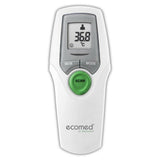 Witte Medisana infrarood-thermometer voorzijde met MEM, MODE en grote groene SCAN-knop