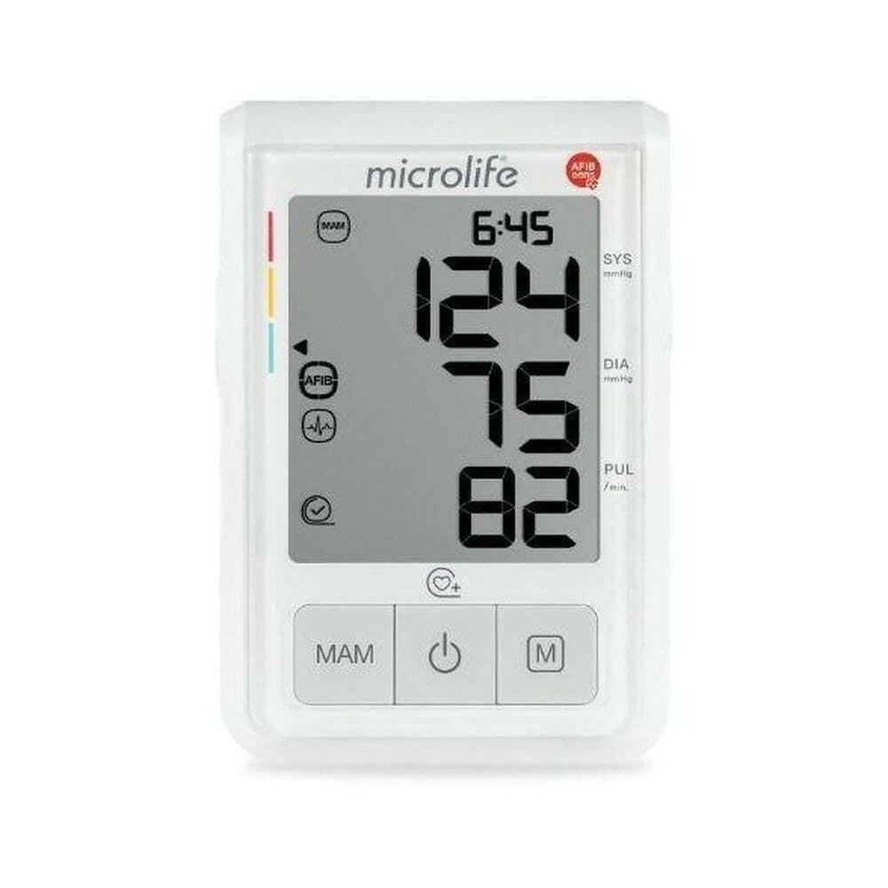 Microlife BP B3 AFIB bovenarm bloeddrukmeter wit voorzijde met knoppen en scherm