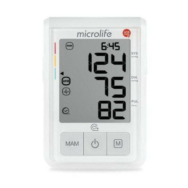 Voorzijde witte Microlife BP B3 AFIB meter met digitaal scherm en bedieningsknoppen
