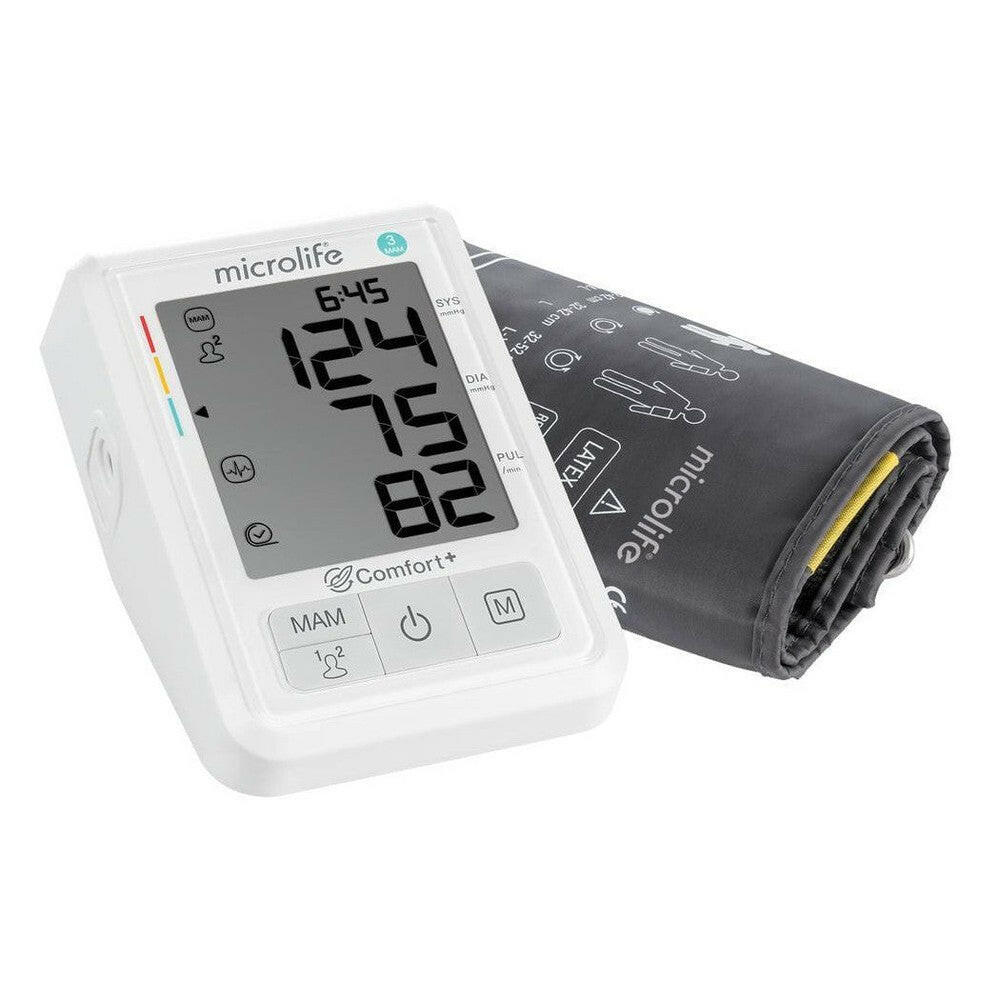 Microlife BP B3 Comfort display met bloeddrukwaarden en donkergrijze M-L manchet