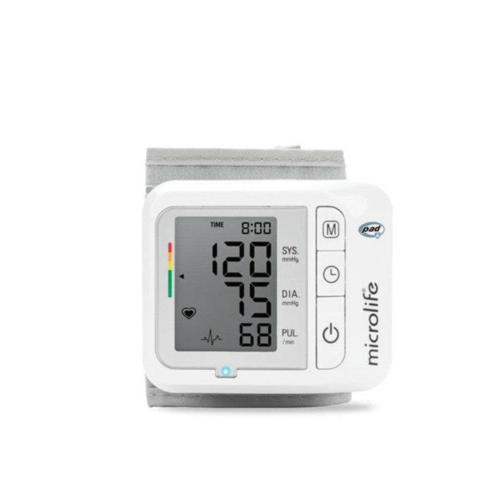 Microlife polsbloeddrukmeter voorzijde met LED-indicator en drie bedieningsknoppen