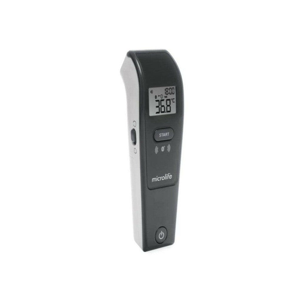 Ergonomische Microlife NC 150 BT voorhoofdthermometer zijaanzicht met sensoren en display